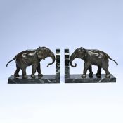 Pair of Art Deco elephants in spelter on a marble base as bookends