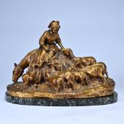 Giuseppe D'ASTE (1881-1945), gilt bronze group on marble base Jeune bergère et ses moutons, signed