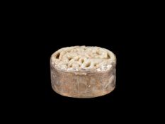 A SILVER BOX WITH A MOTTLED JADE PLAQUE AS COVER, China, Qing dynasty, 19th century