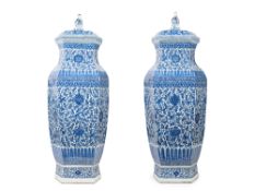 A VERY RARE PAIR OF HUGE BLUE AND WHITE HEXAGONAL BALUSTER-SHAPED PORCELAIN VASES, China, Qing dynas