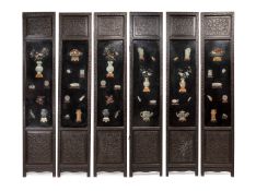 SIX LACQUERED WOOD WALL PANELS WITH JADE AND HARDSTONE INLAYS, China, late 19th / early 20th century