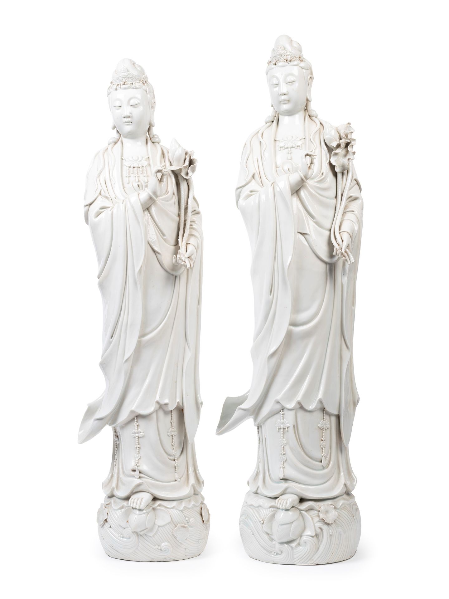 PAIR OF LARGE BLANC DE CHINE SCULPTURE DEPICTING GUANYIN, China, 20th century