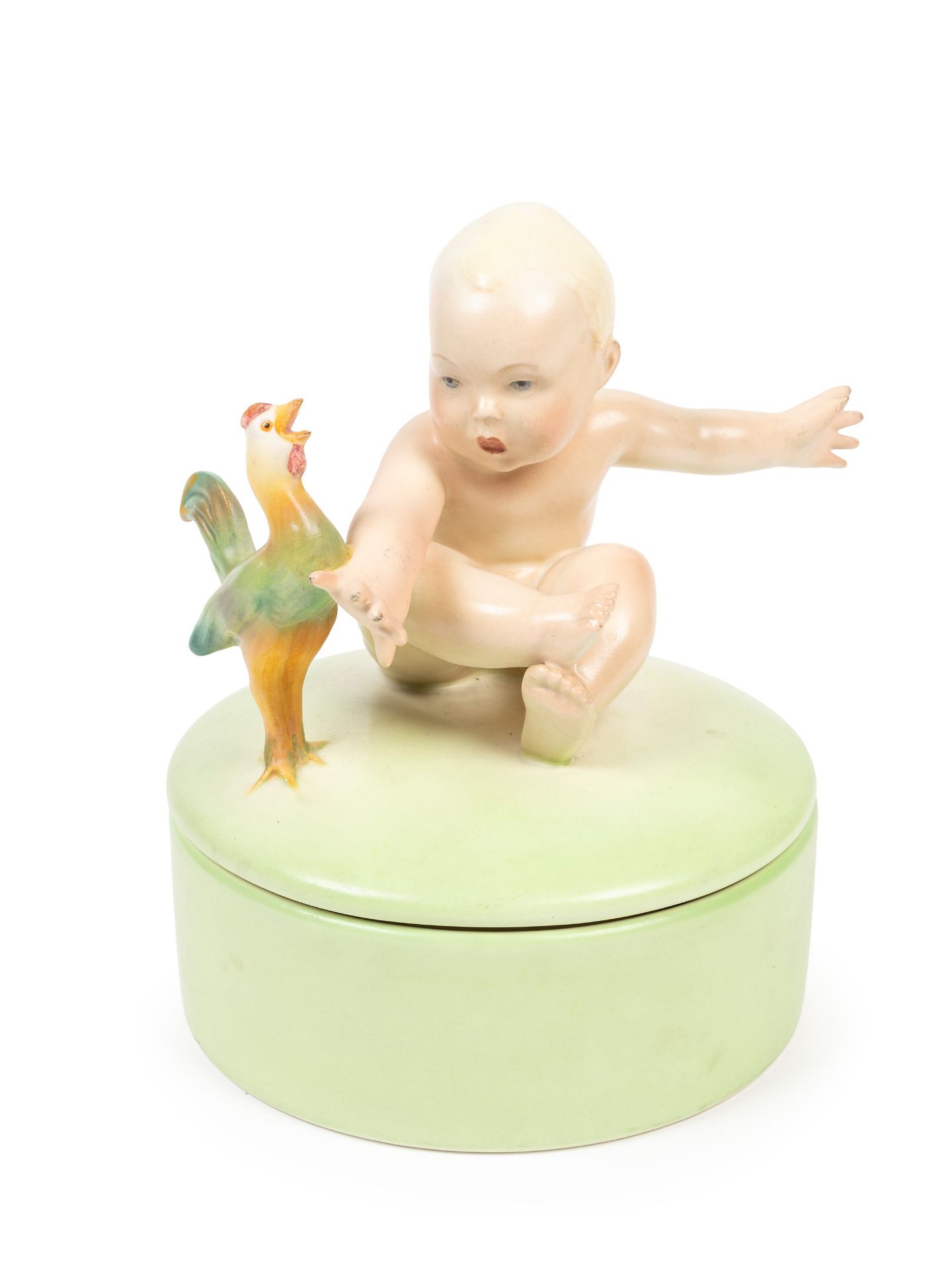 POLYCHROME EARTHENWARE BOX WITH CHILD AND ROOSTER, Turin, c. 1935