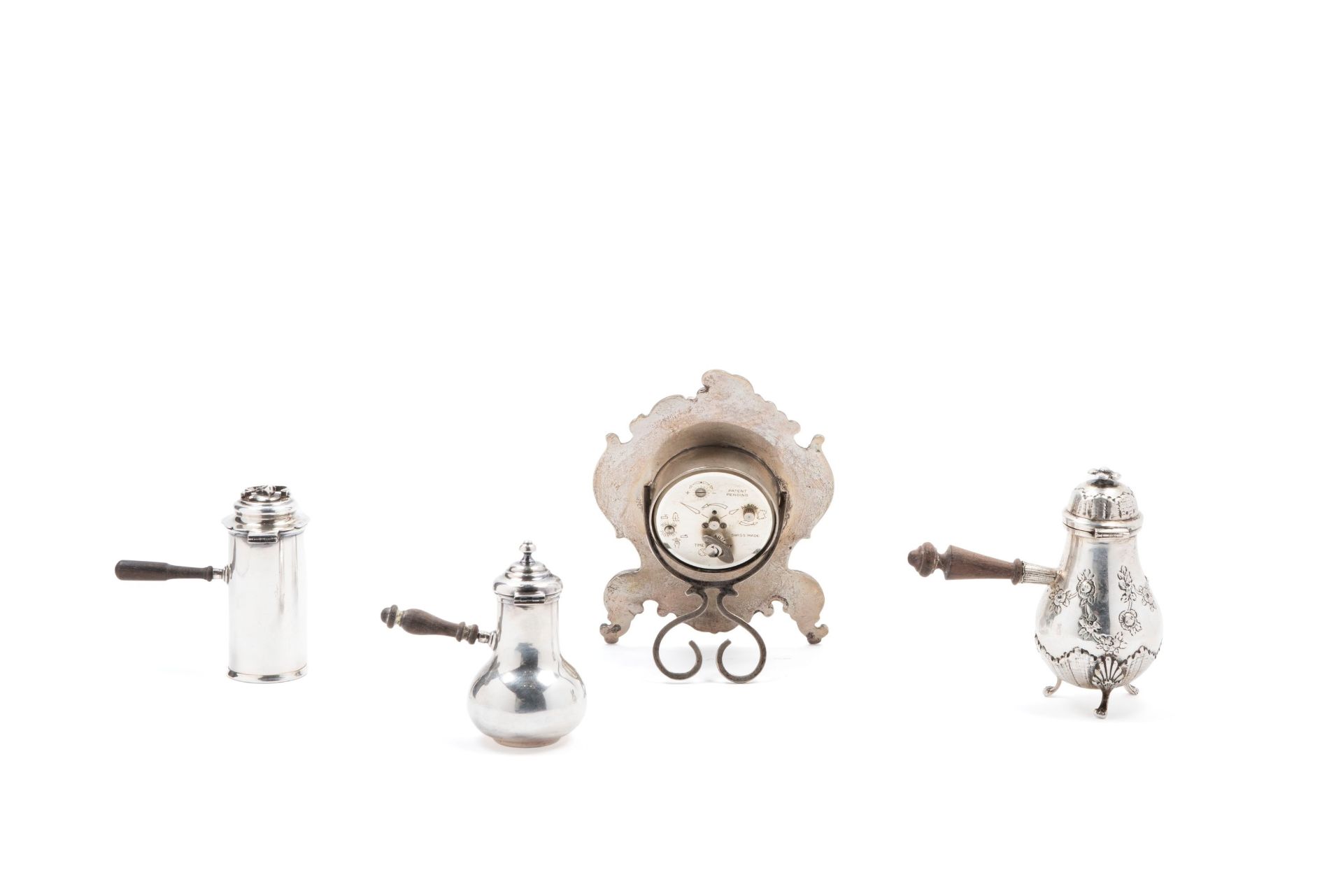 THREE MINIATURE COFFEE POTS AND SILVER CLOCK, Italy, 20th century - Bild 2 aus 4
