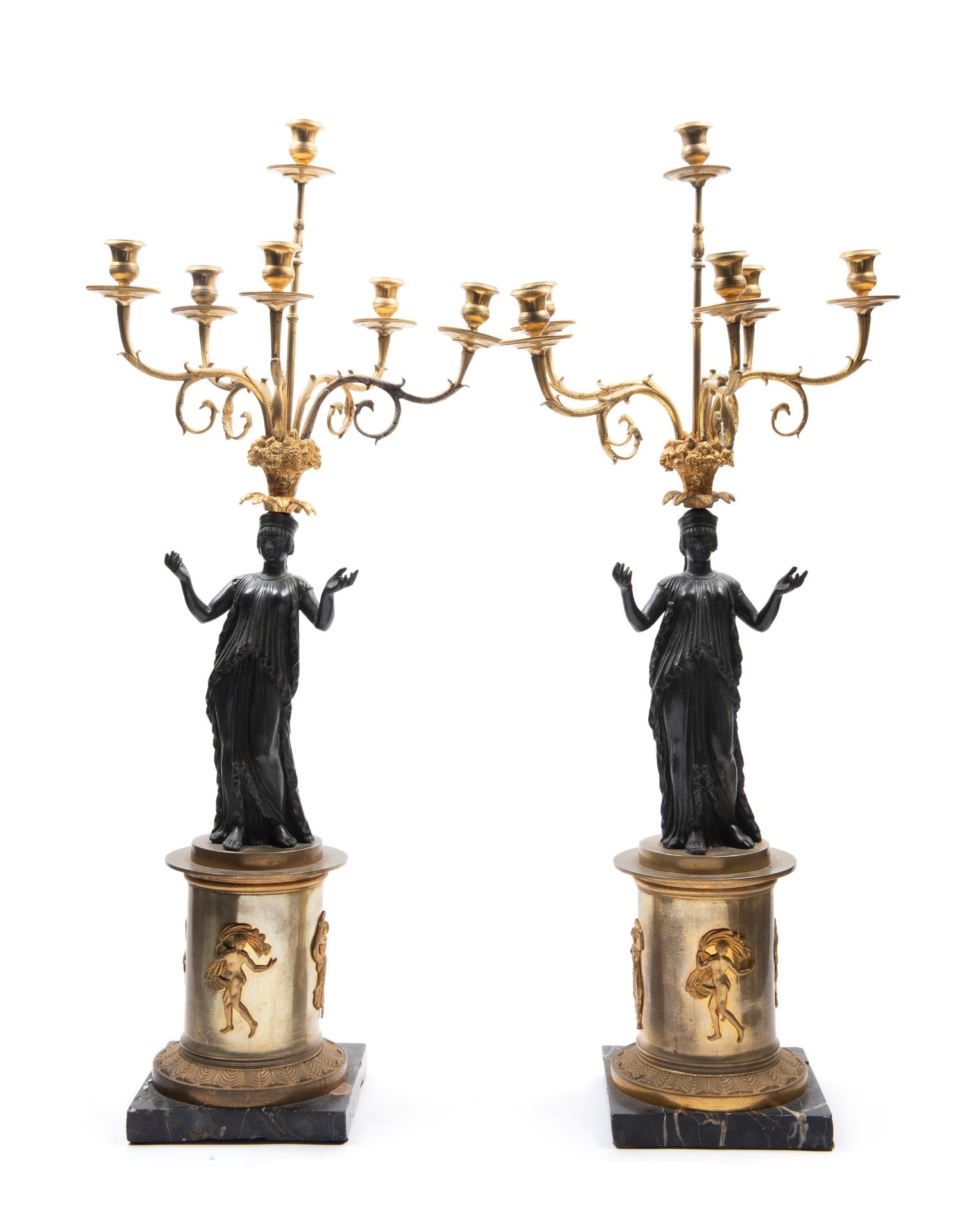 PAIR OF CANDELABRA IN BRONZE WITH DARK PATINA AND GILDING, France, late 19th century