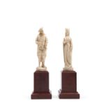 â˜¼IVORY SCULPTURES DEPICTING A GALLANT COUPLE IN RENAISSANCE ATTIRE ON RED MARBLE BASES, French Sch