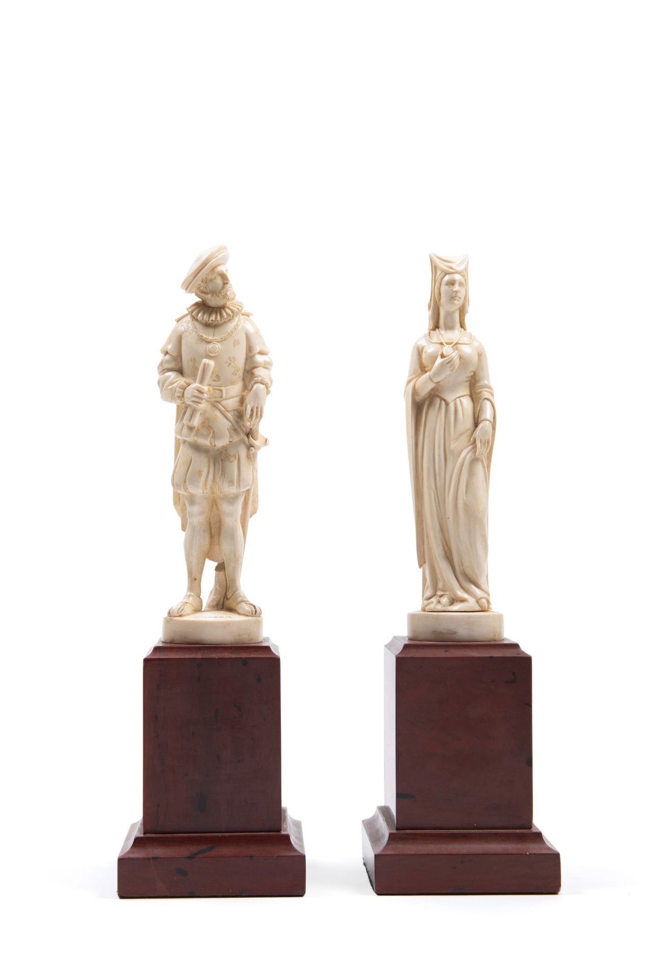 â˜¼IVORY SCULPTURES DEPICTING A GALLANT COUPLE IN RENAISSANCE ATTIRE ON RED MARBLE BASES, French Sch