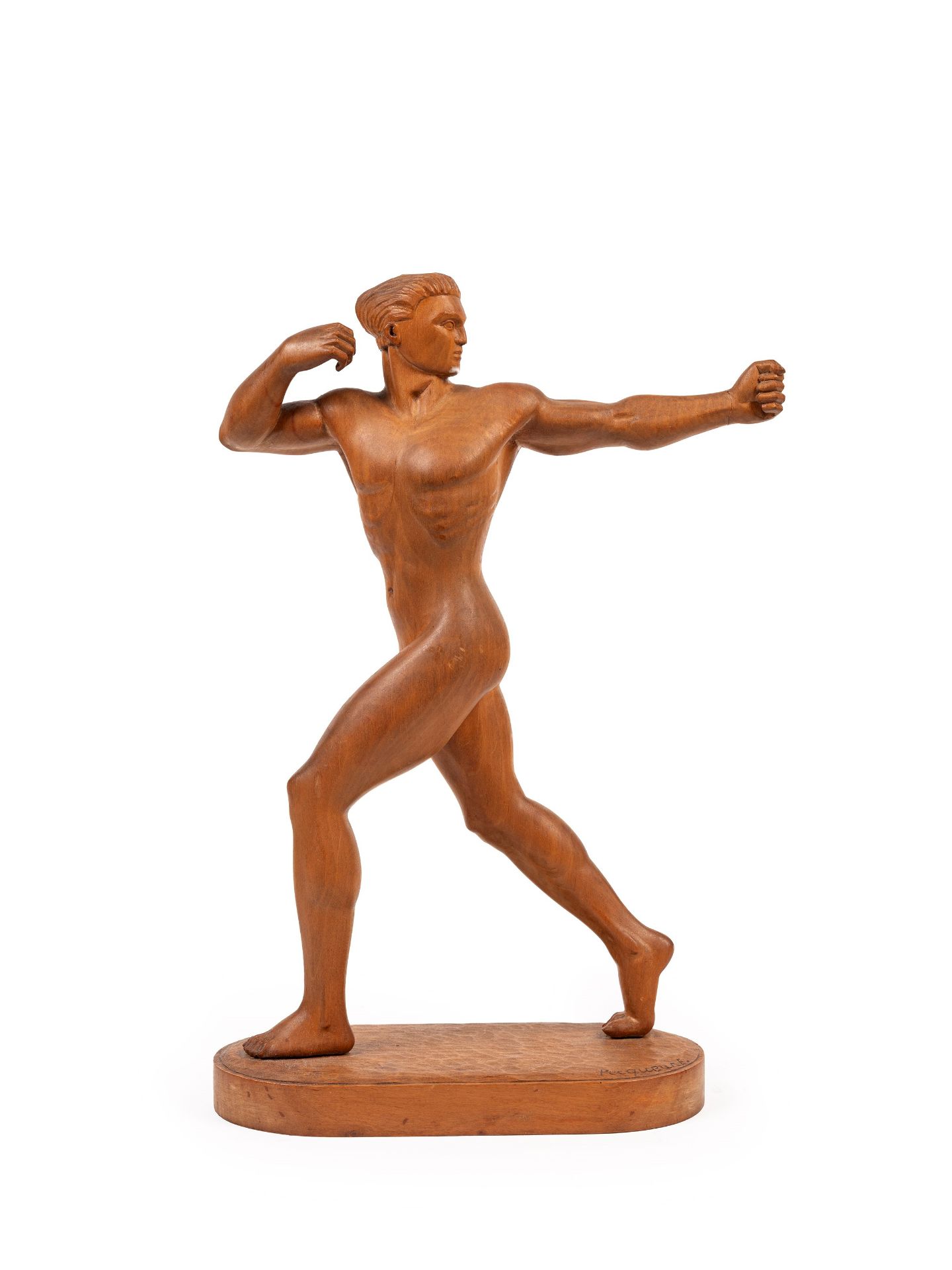 WOODEN SCULPTURE DEPICTING AN ATHLETE, 20th century