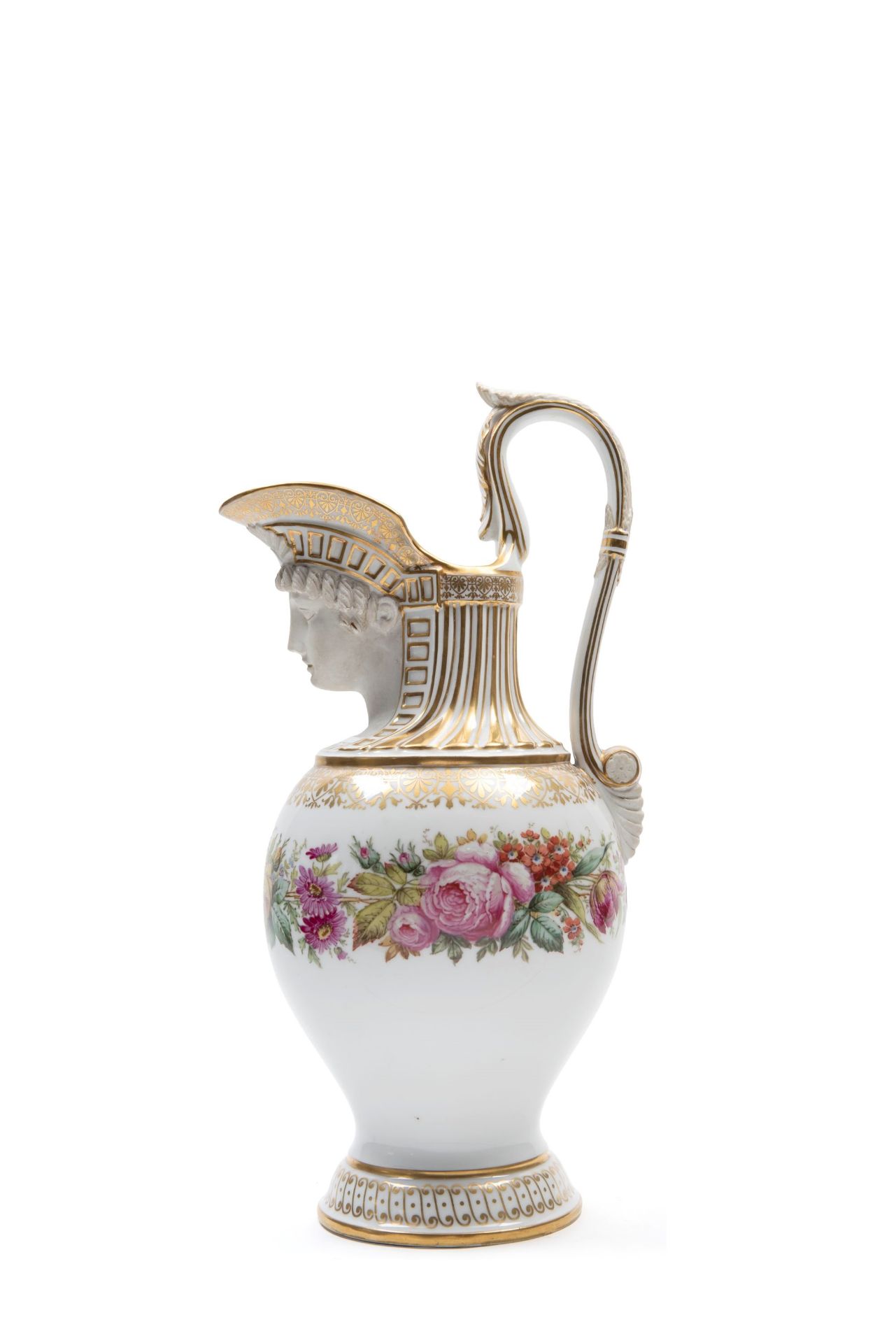 POLYCHROME PORCELAIN EWER WITH GOLD DECORATIONS, France, 19th century