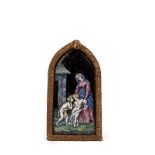 ANTIQUE LIMOGES ENAMEL PLAQUE DEPICTING THE MADONNA WITH JESUS AND SAINT JOHN THE BAPTIST,