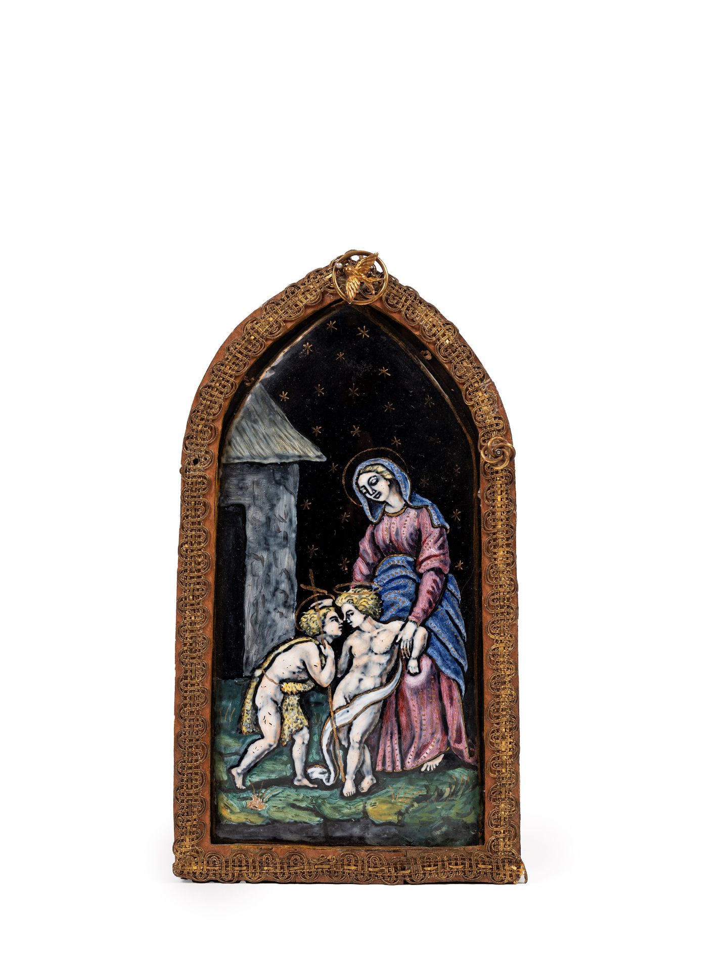 ANTIQUE LIMOGES ENAMEL PLAQUE DEPICTING THE MADONNA WITH JESUS AND SAINT JOHN THE BAPTIST,