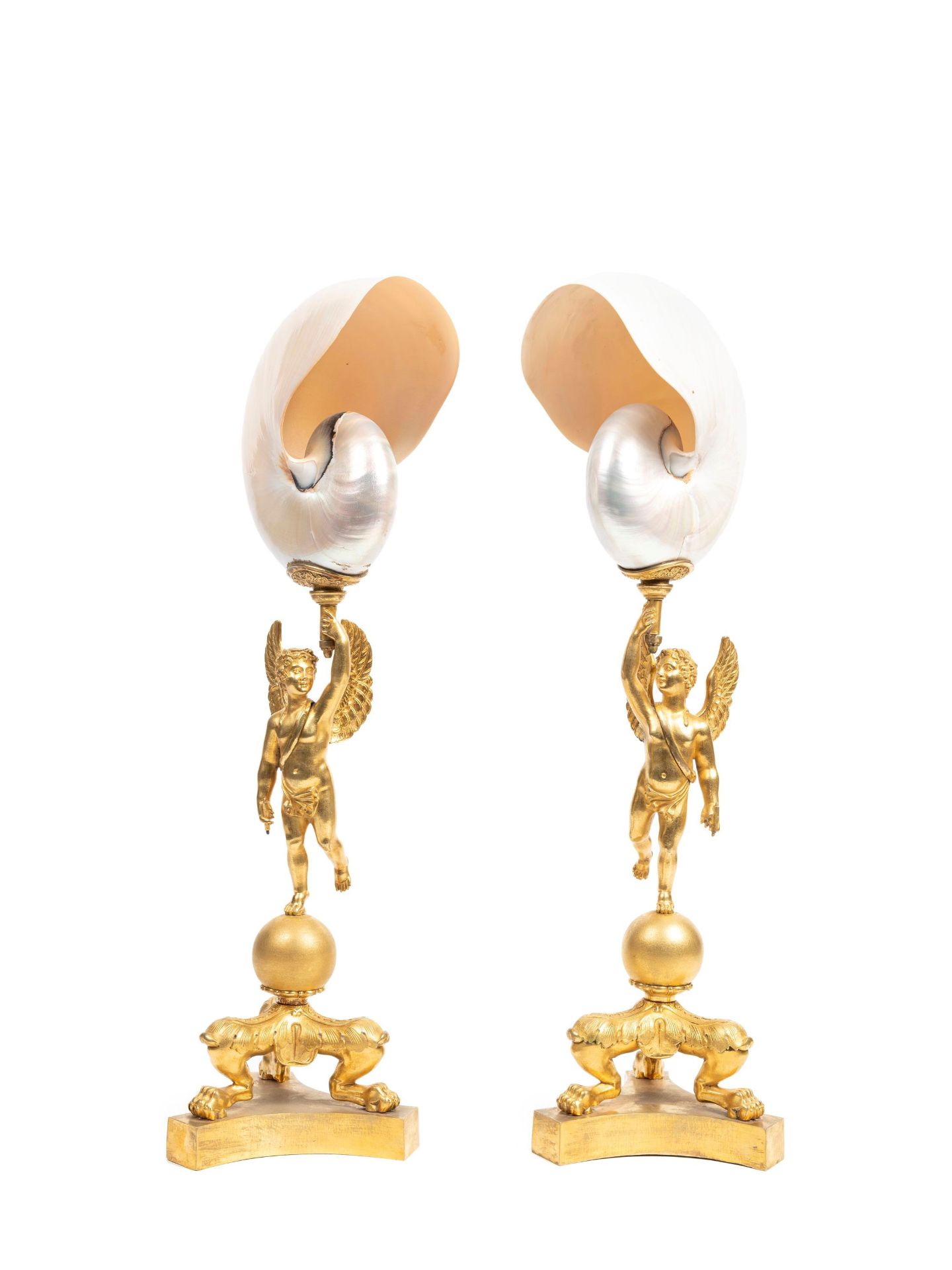 PAIR OF NAUTILUS SHELLS MOUNTED IN GILT BRONZE, 19th century