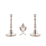 TWO CANDLESTICKS AND A SUGAR BOWL IN SILVER, Naples, early 19th century