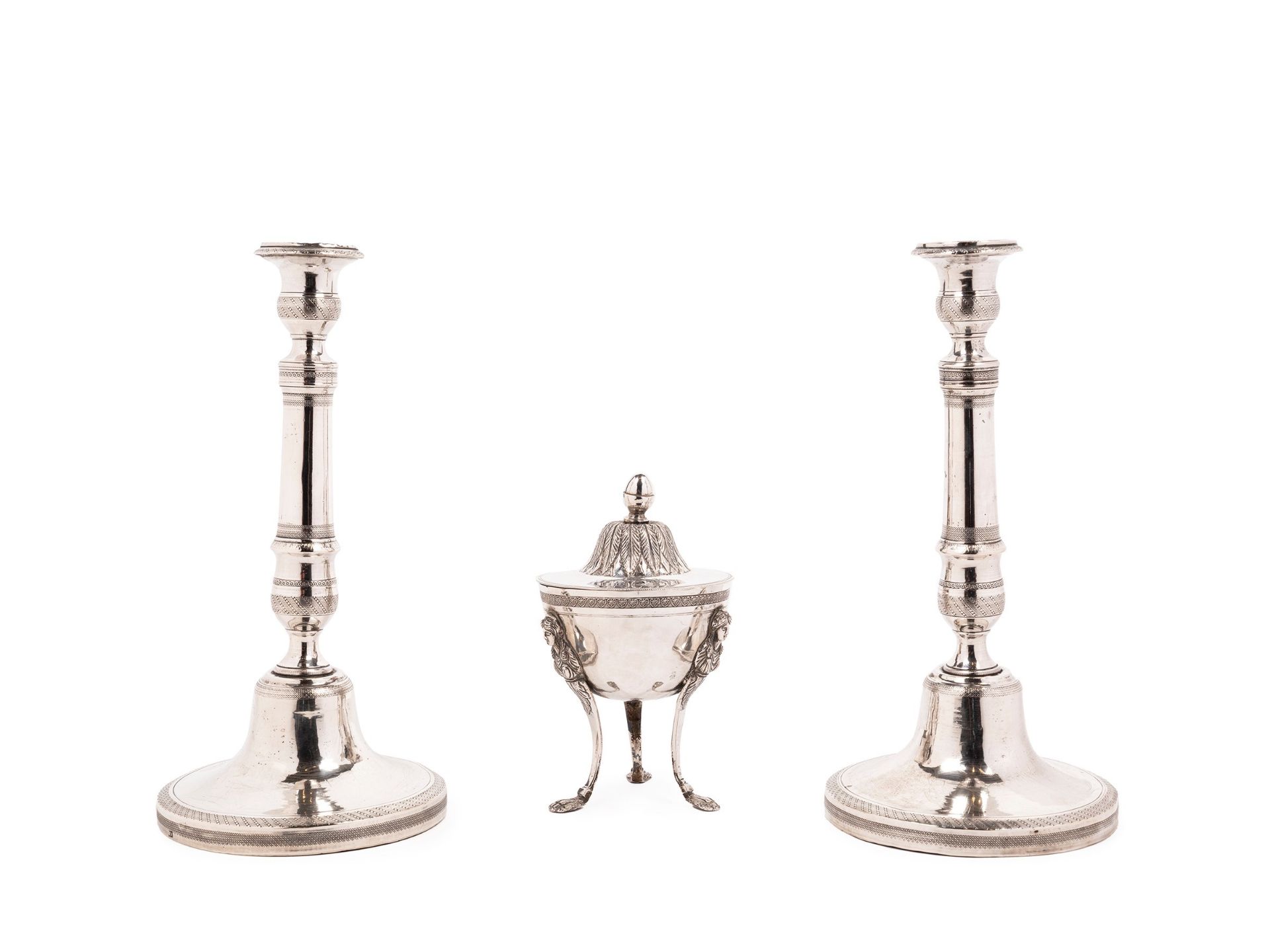 TWO CANDLESTICKS AND A SUGAR BOWL IN SILVER, Naples, early 19th century