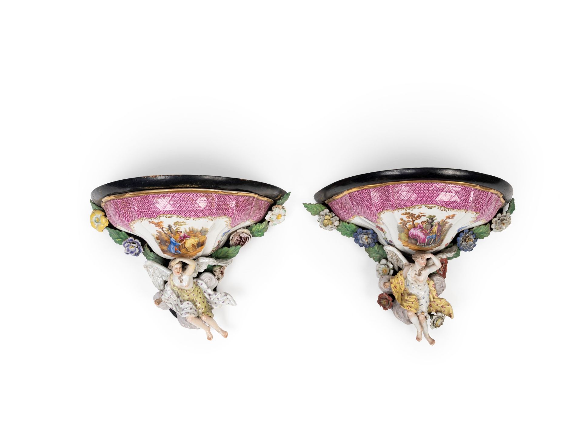 PAIR OF POLYCHROME PORCELAIN BRACKETS, 19th century
