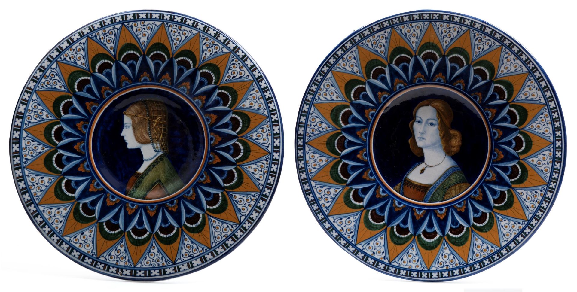 PAIR OF POLYCHROME MAJOLICA PARADE PLATES, Faenza, 20th century
