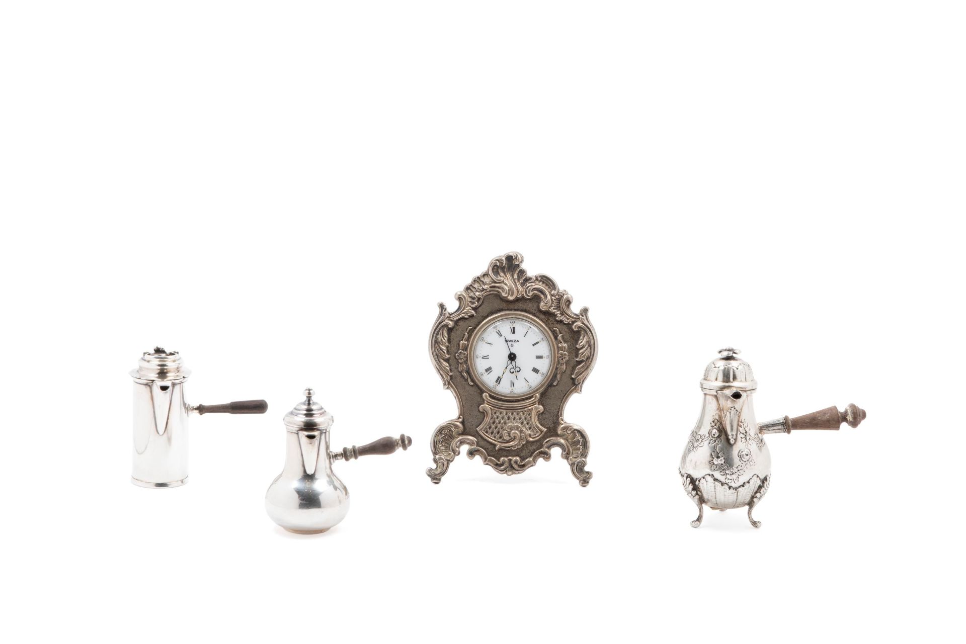 THREE MINIATURE COFFEE POTS AND SILVER CLOCK, Italy, 20th century