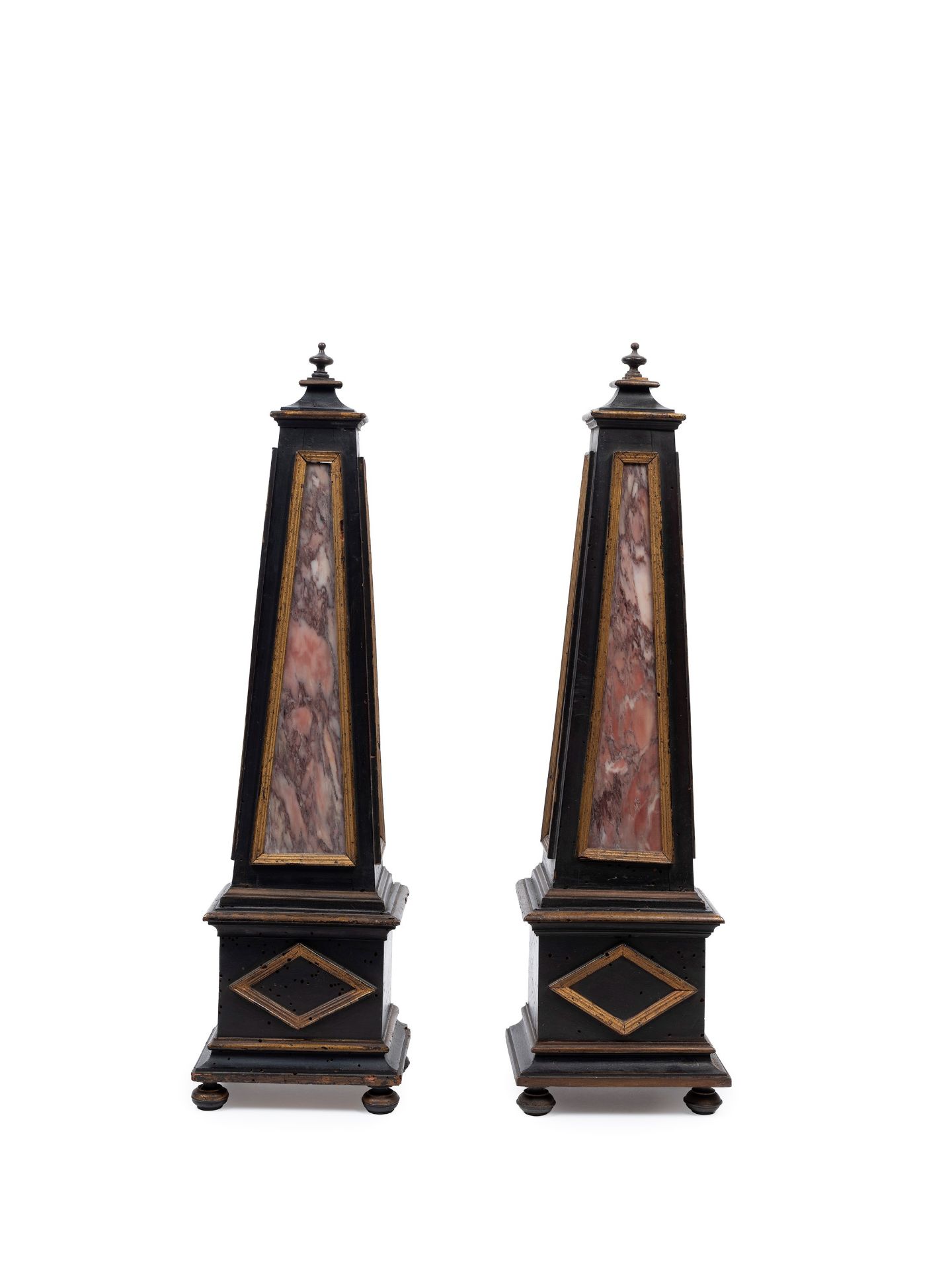 PAIR OF WOODEN AND MARBLE OBELISKS, 19th century