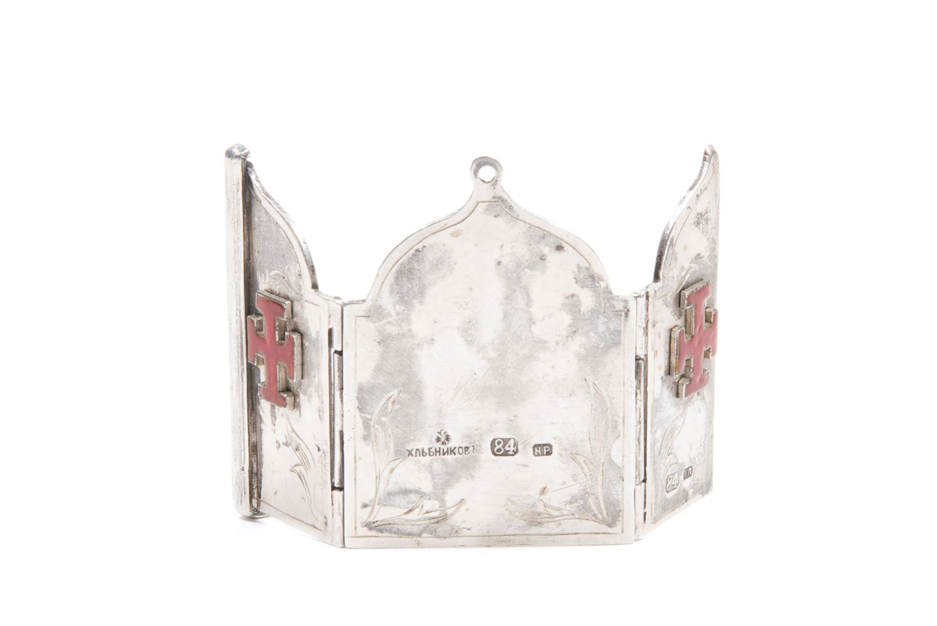SMALL TRAVEL TRIPTYCH WITH SILVER AND ENAMEL ICONS, Russia, 19th / 20th century - Bild 2 aus 2