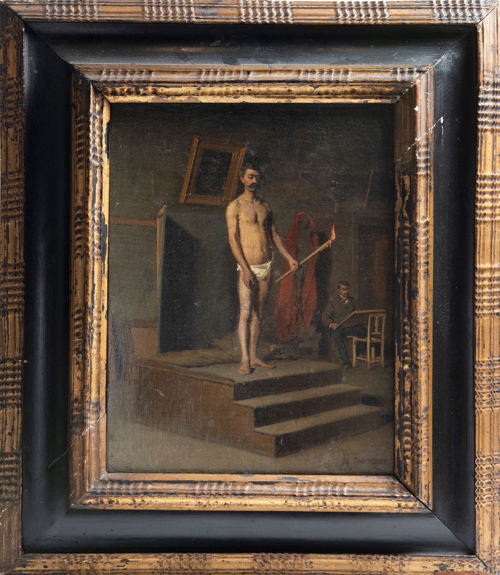 Giacomo Favretto (1849 - 1887) MALE NUDE WITH TORCH