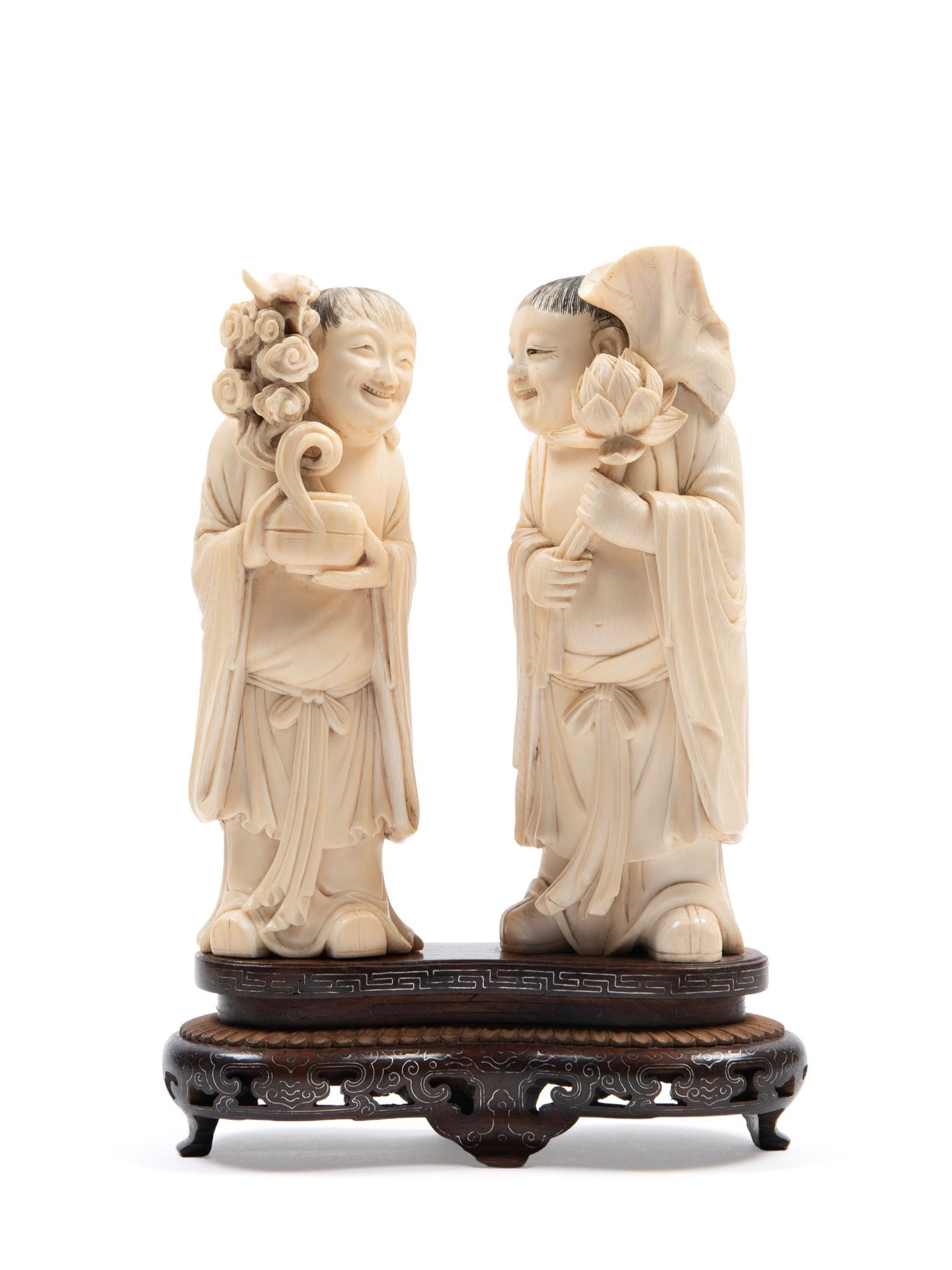 â˜¼TWO IVORY SCULPTURES DEPICTING HEHE TWINS, China, early 20th century