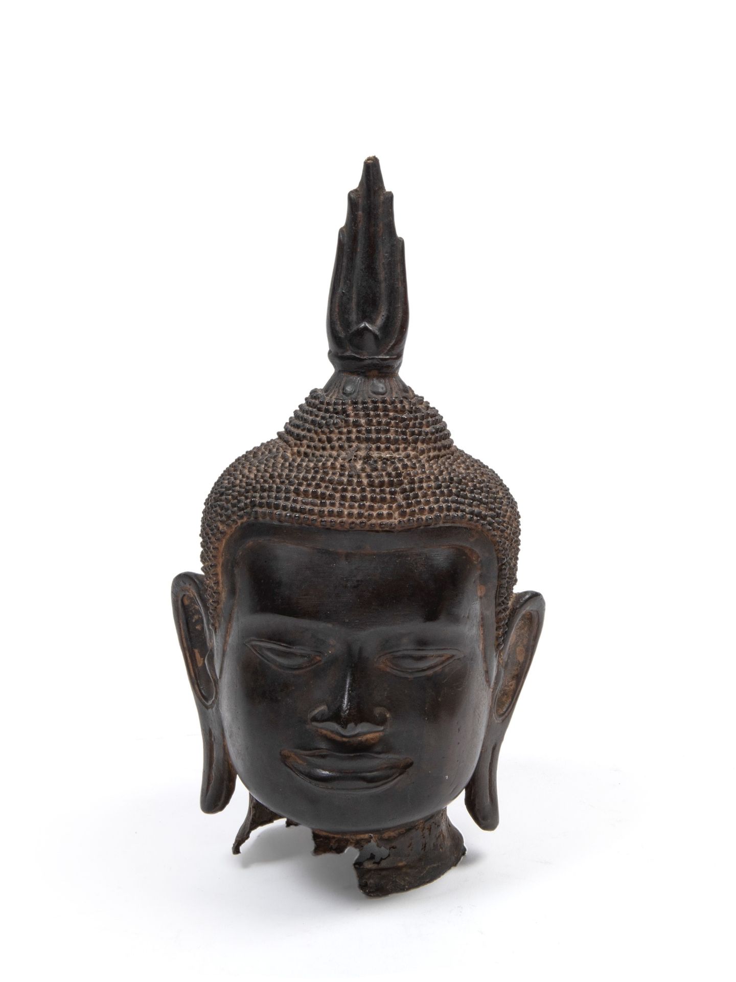 A BRONZE BUDDHA'S HEAD, Southern India, 19th century