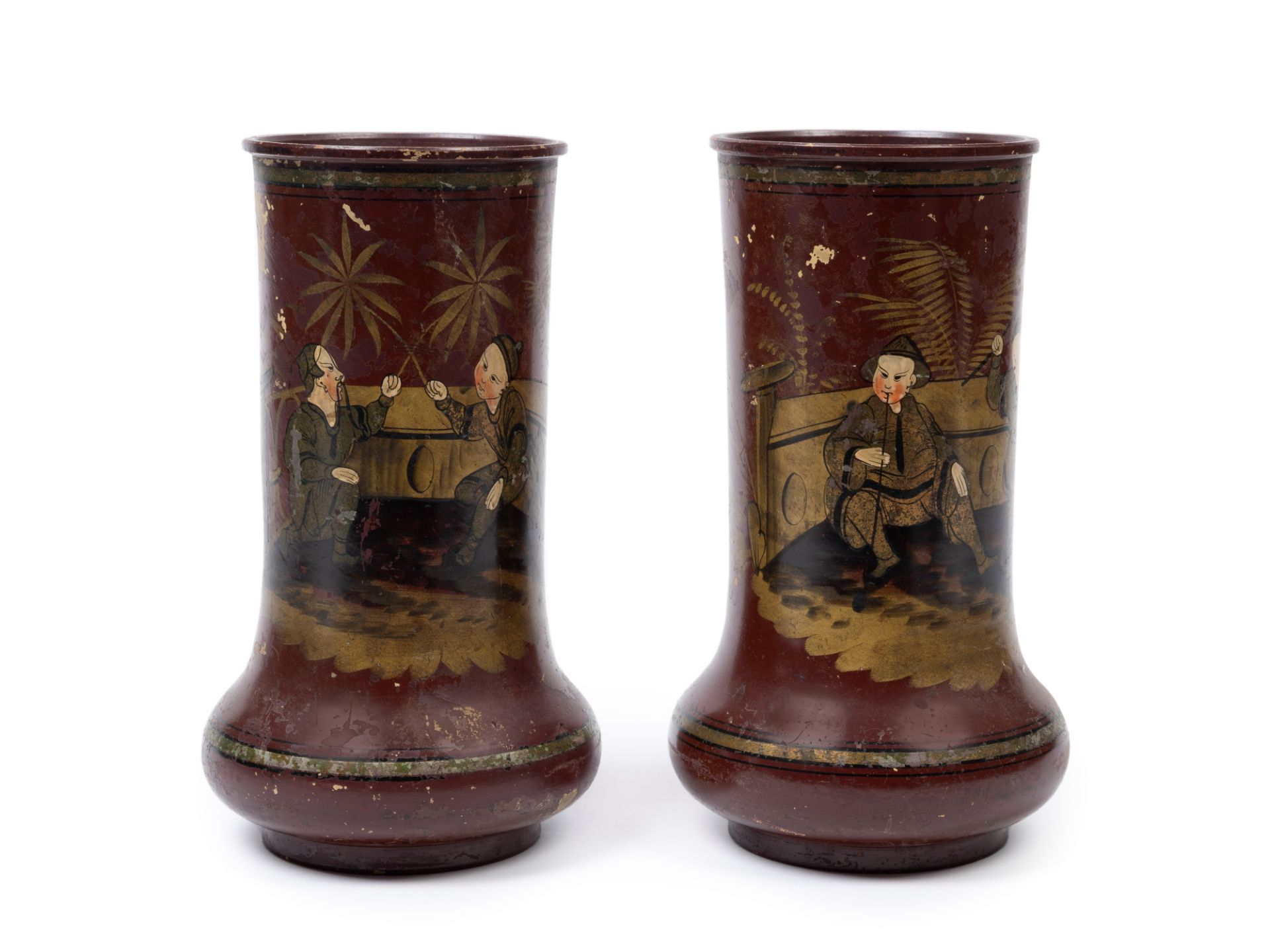 PAIR OF LACQUERED AND PAINTED METAL VASES, 19th / 20th century