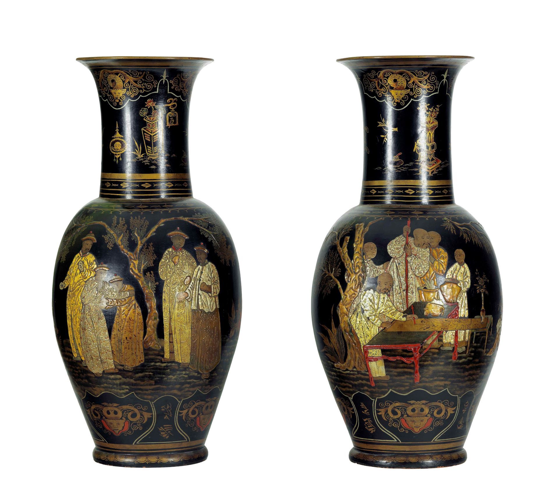 A RARE PAIR OF LACQUERED TERRACOTTA VASES IN CHINOISERIE STYLE, Berlin, late 18th / early 19th centu