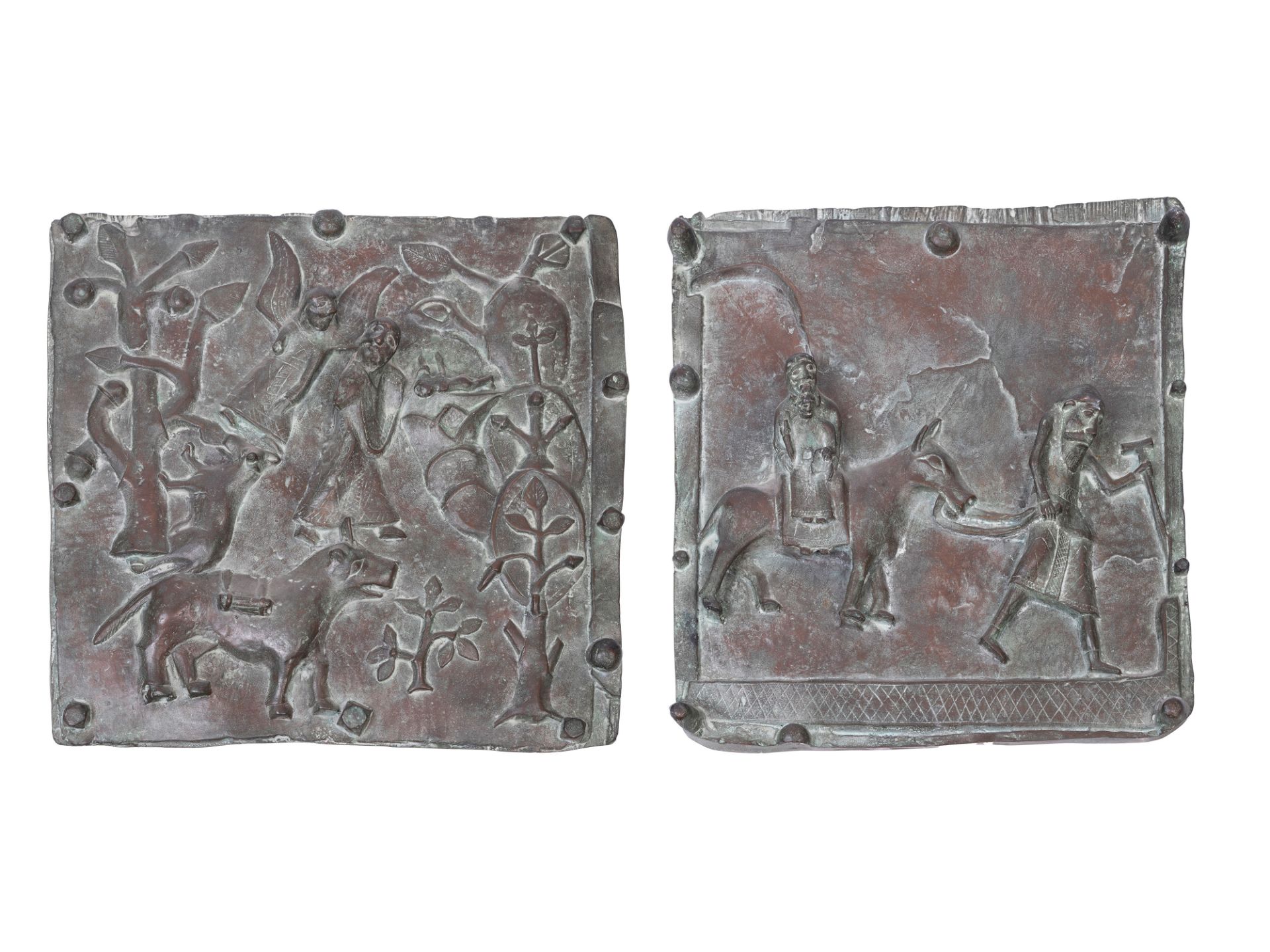 PAIR OF BRONZE PLAQUES DECORATED IN RELIEF WITH RELIGIOUS SUBJECTS, 20th century