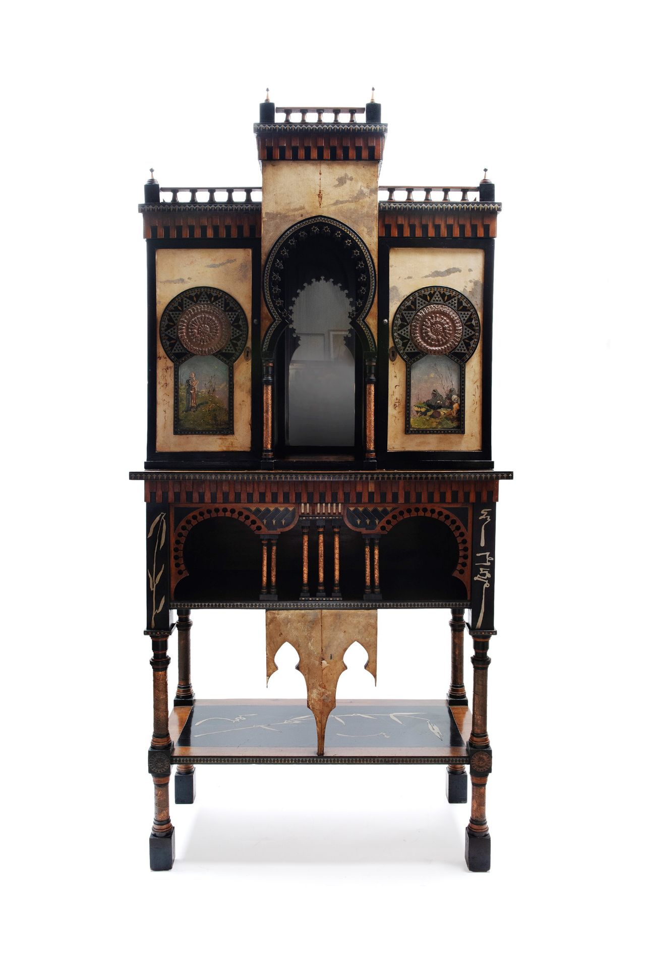 AN IMPORTANT INLAID WOOD AND HAND-PAINTED VELLUM MOSQUÃ‰E CABINET, Around 1900