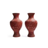 A PAIR OF RED LACQUER VASES, China, 20th century
