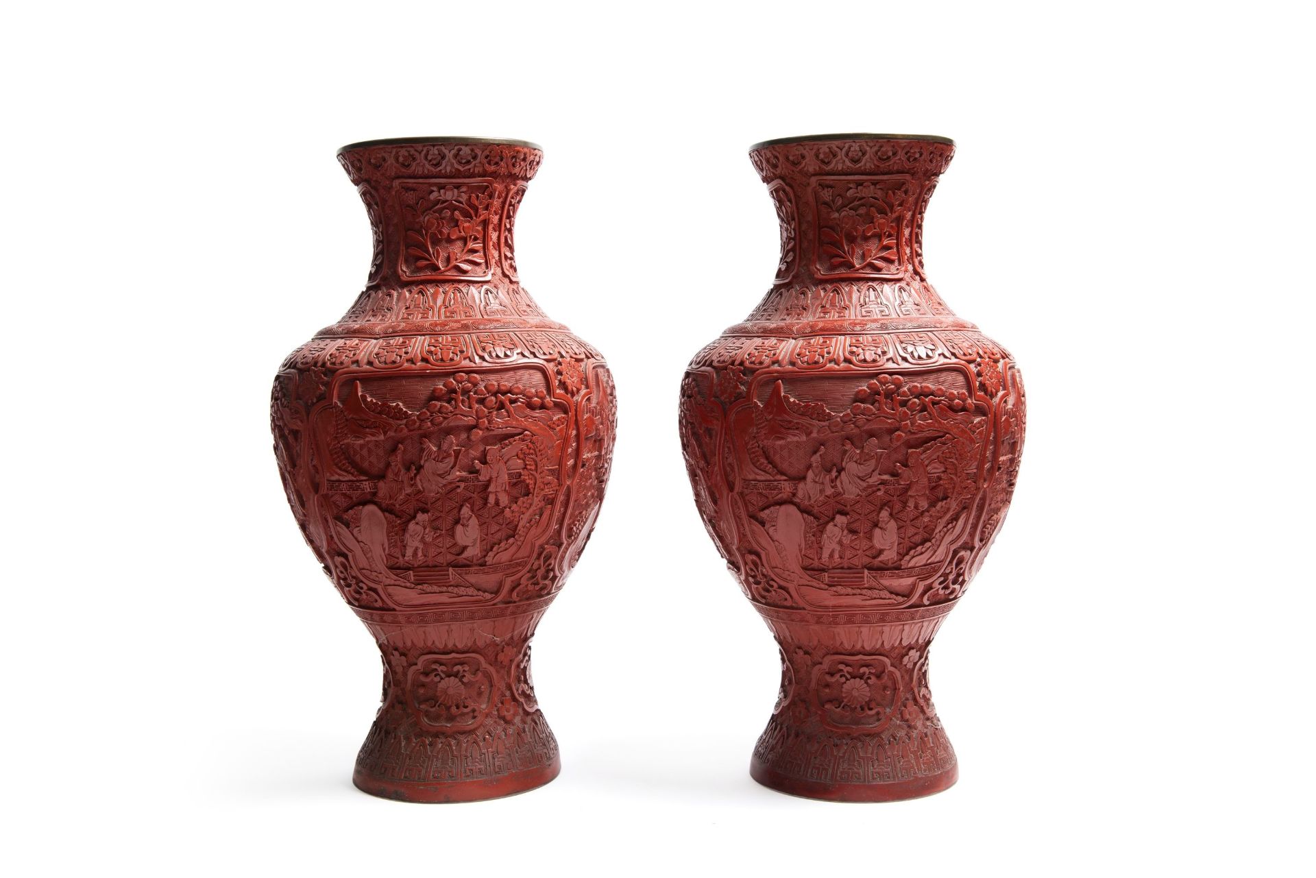 A PAIR OF RED LACQUER VASES, China, 20th century