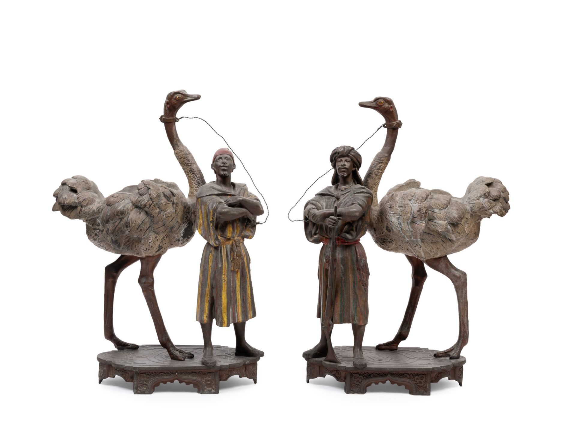 PAIR OF METAL SCULPTURES DEPICTING BEDOUINS WITH OSTRICHES, Vienna, 19th century
