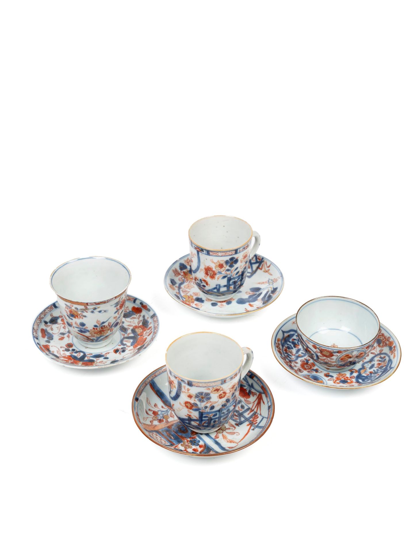 Four Imari Porcelain Cups with Saucers, China, 18th century