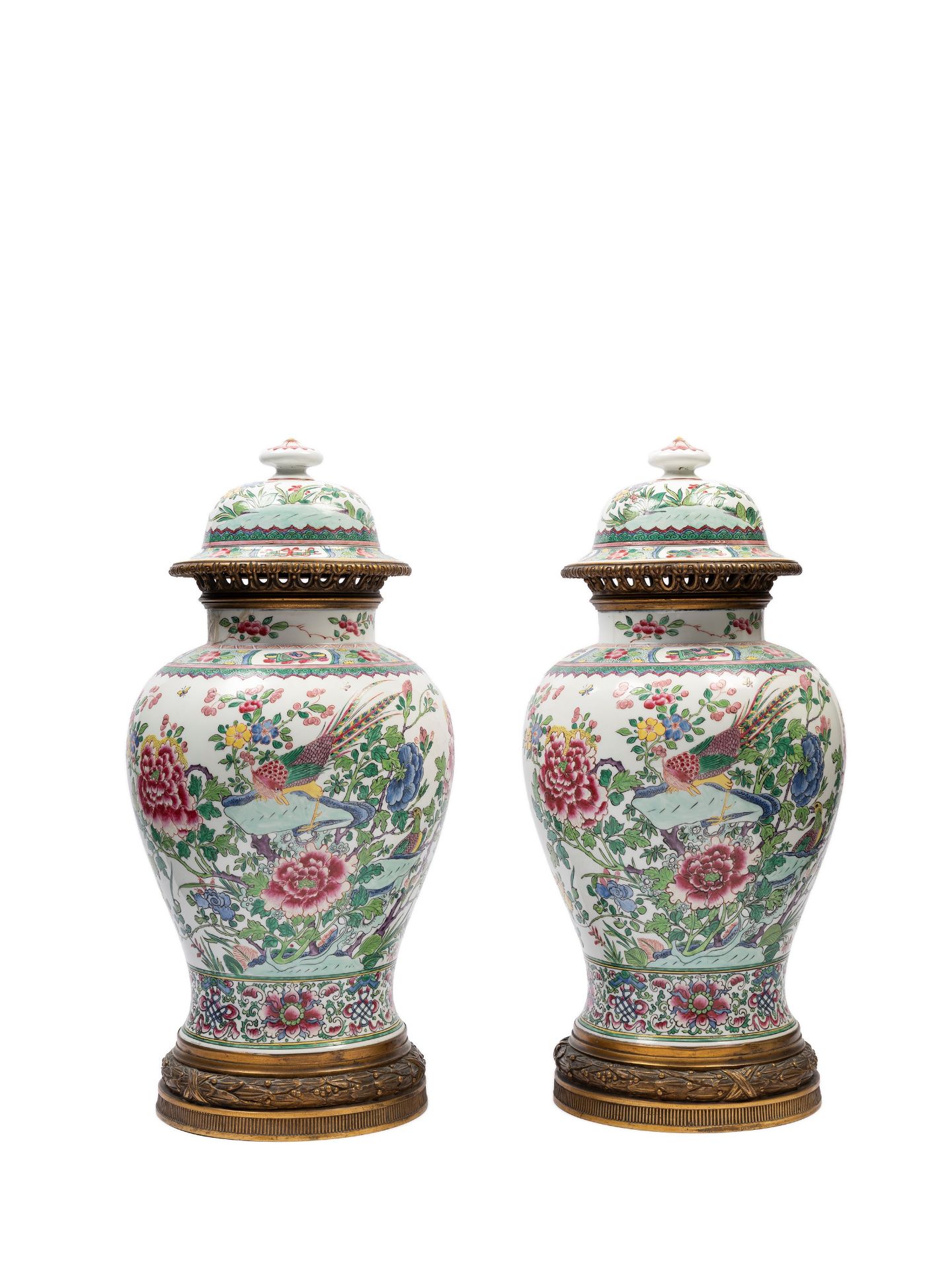 A PAIR OF FAMILLE ROSE PORCELAIN POTICHES, Samson, 19th century