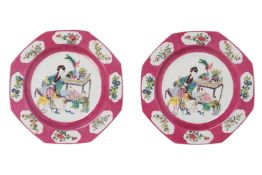 PAIR OF POLYCHROME PORCELAIN FAMILLE ROSE PLATES, France, 19th century