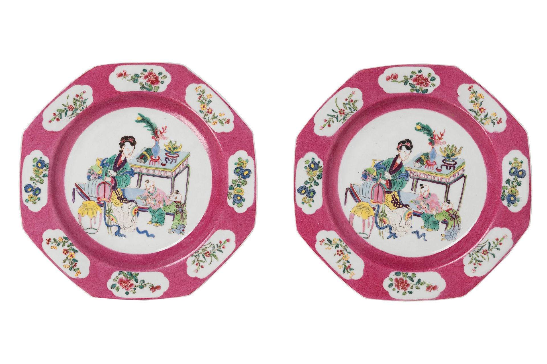 PAIR OF POLYCHROME PORCELAIN FAMILLE ROSE PLATES, France, 19th century