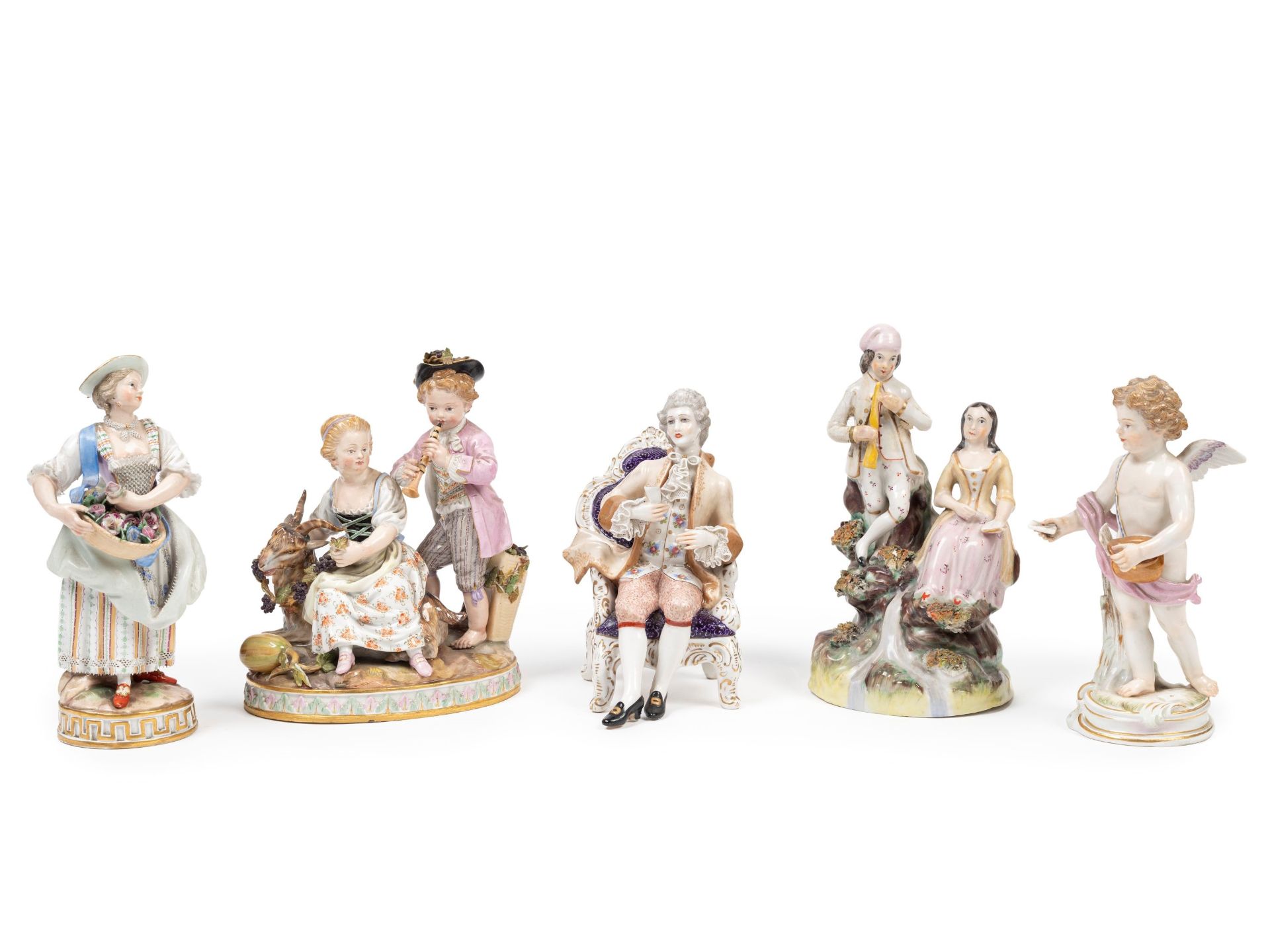 FIVE POLYCHROME PORCELAIN SCULPTURES, 19th century