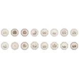 FIFTEEN MAIOLICA SAUCER PLATES WITH VIEWS AND ONE WITH A FLOWER, Montereau Faience, early 20th centu