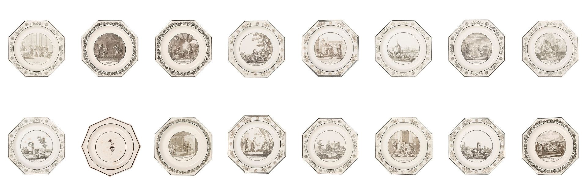 FIFTEEN MAIOLICA SAUCER PLATES WITH VIEWS AND ONE WITH A FLOWER, Montereau Faience, early 20th centu