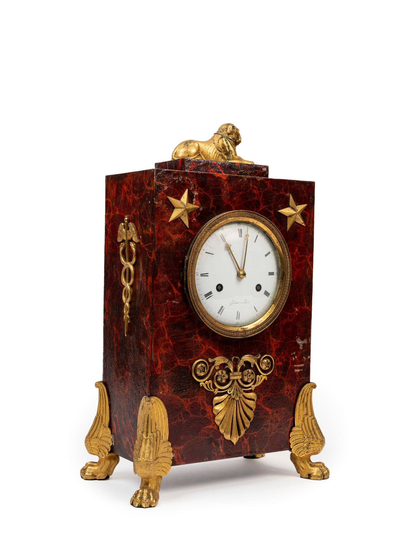 A CONSULAT ORMOLU-MOUNTED TÃ”LE PEINTE MANTEL CLOCK, Early 19th century