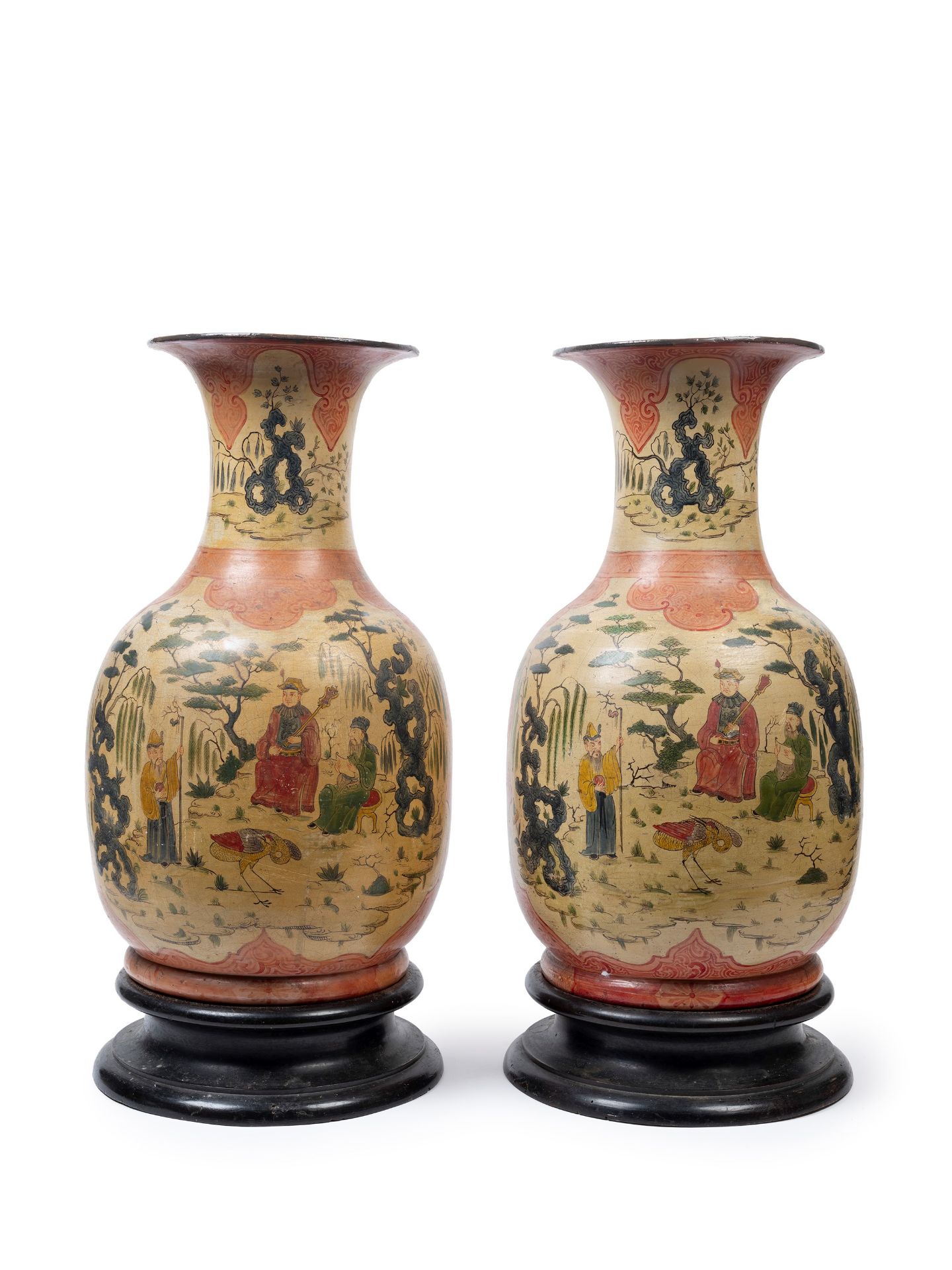 A PAIR OF LACQUERED TERRACOTTA VASES PAINTED IN CHINOISERIE, Piedmont, 18th century