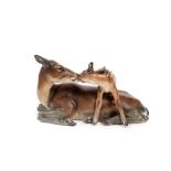 POLYCHROME EARTHENWARE SCULPTURE DEPICTING MOTHER DEER AND FAWN, Turin, 1937