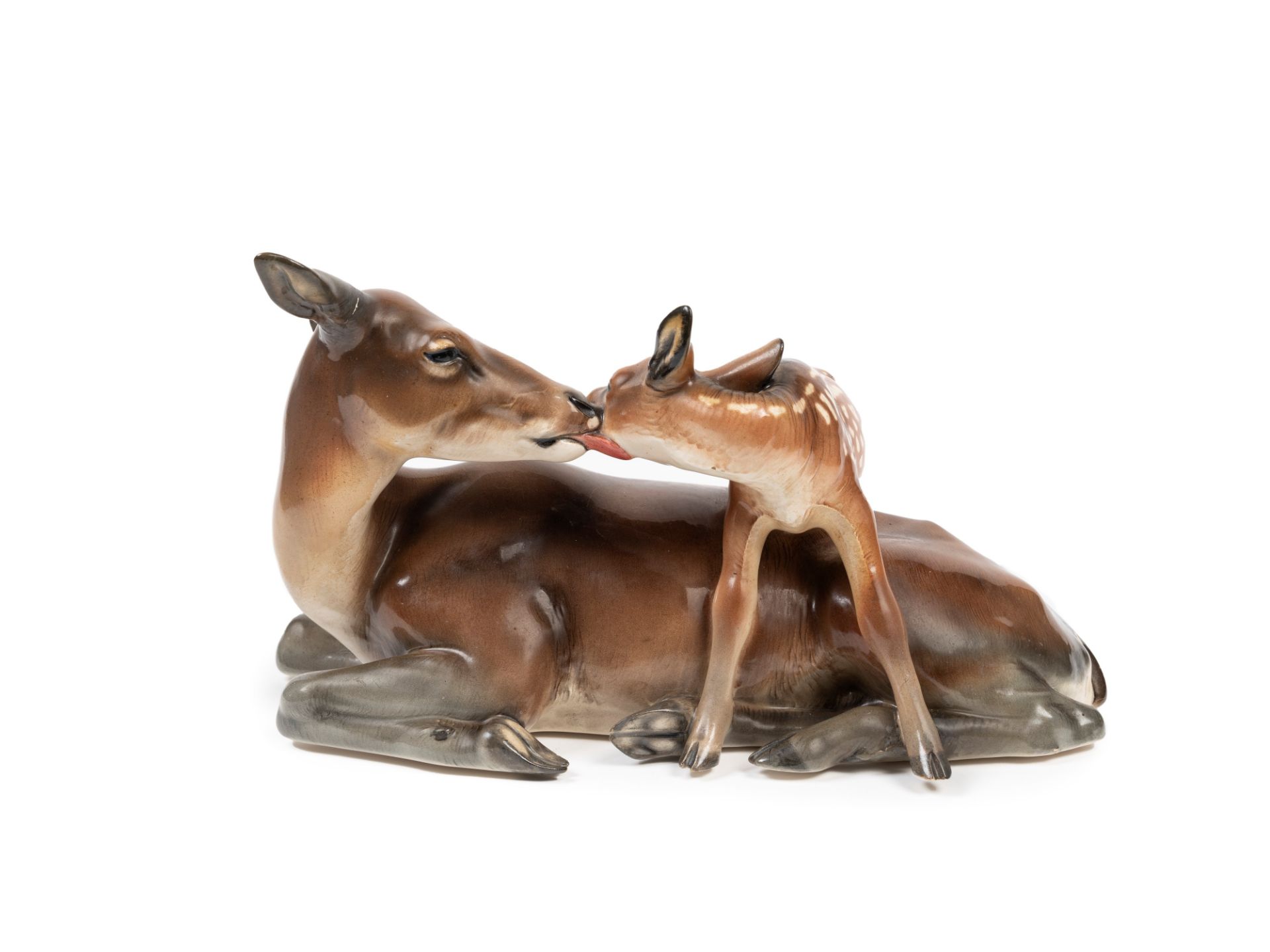 POLYCHROME EARTHENWARE SCULPTURE DEPICTING MOTHER DEER AND FAWN, Turin, 1937