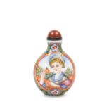 POLYCHROME PORCELAIN SNUFF BOTTLE DEPICTING A WOMAN WITH FLOWERS., China, 20th century