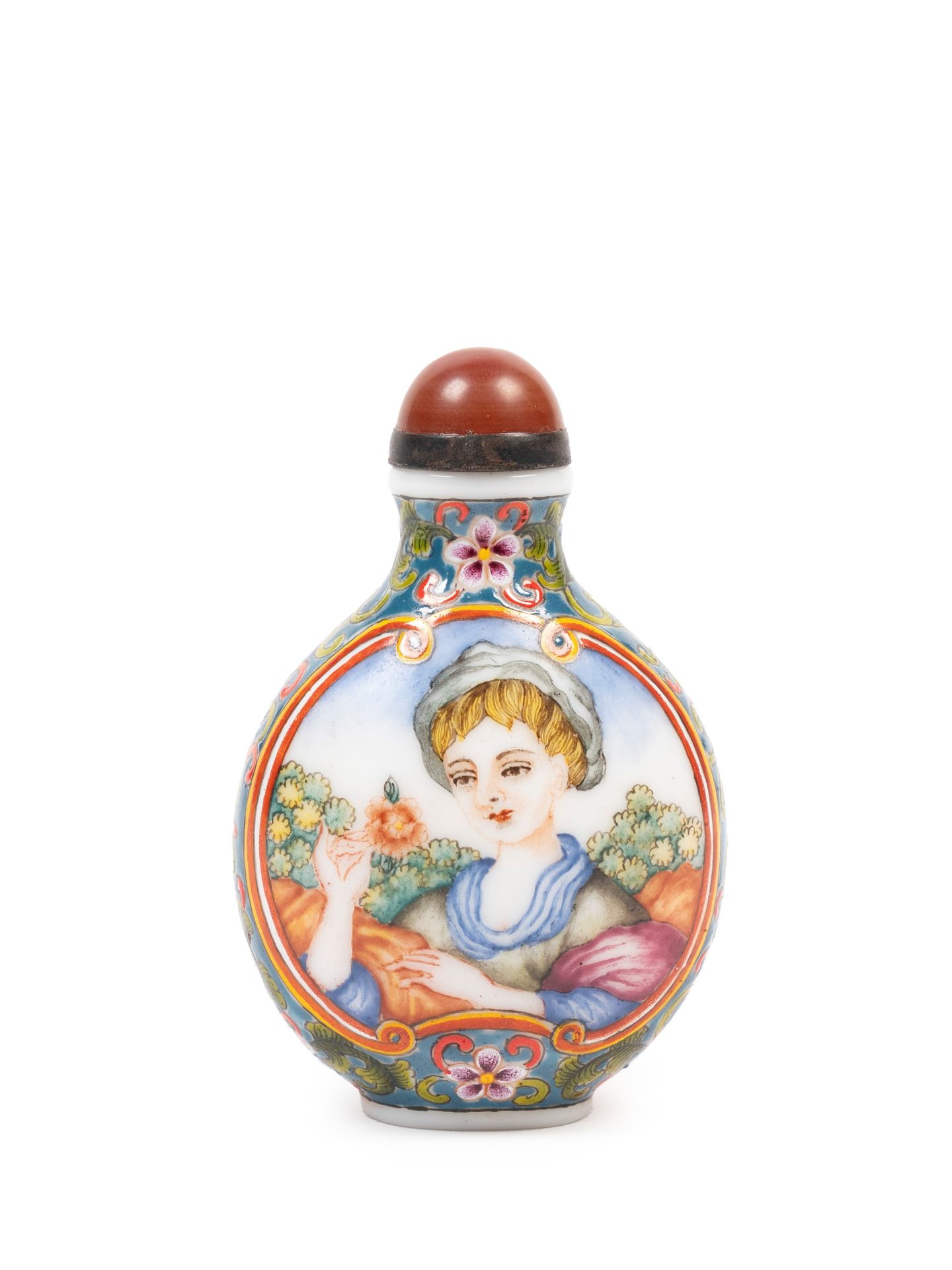 POLYCHROME PORCELAIN SNUFF BOTTLE DEPICTING A WOMAN WITH FLOWERS., China, 20th century