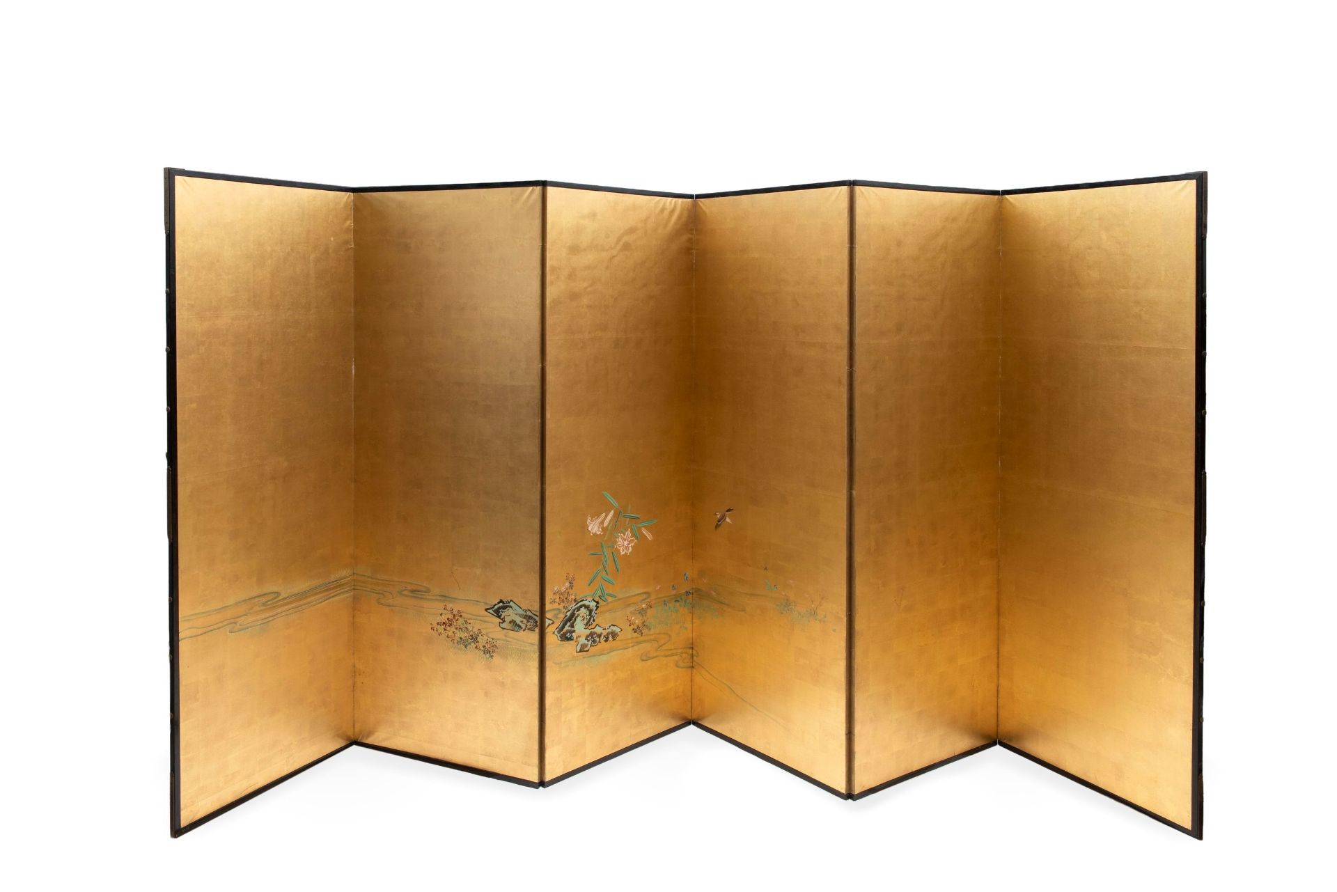 A PAINTED SIX-PANEL PAPER AND GOLD-LEAF SCREEN, Japan, Meiji period (1868-1912)
