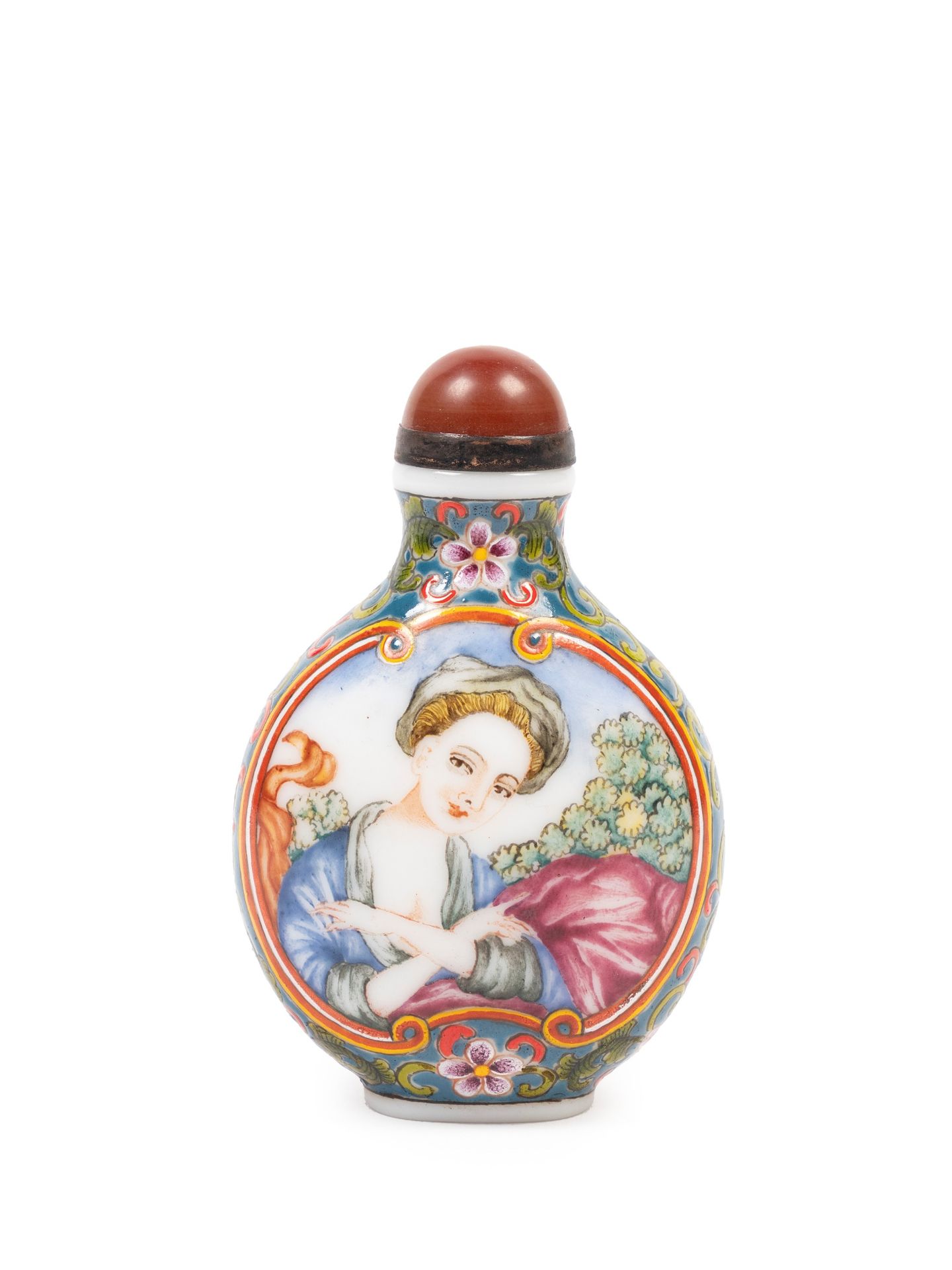 POLYCHROME PORCELAIN SNUFF BOTTLE DEPICTING A WOMAN WITH FLOWERS., China, 20th century - Bild 2 aus 3