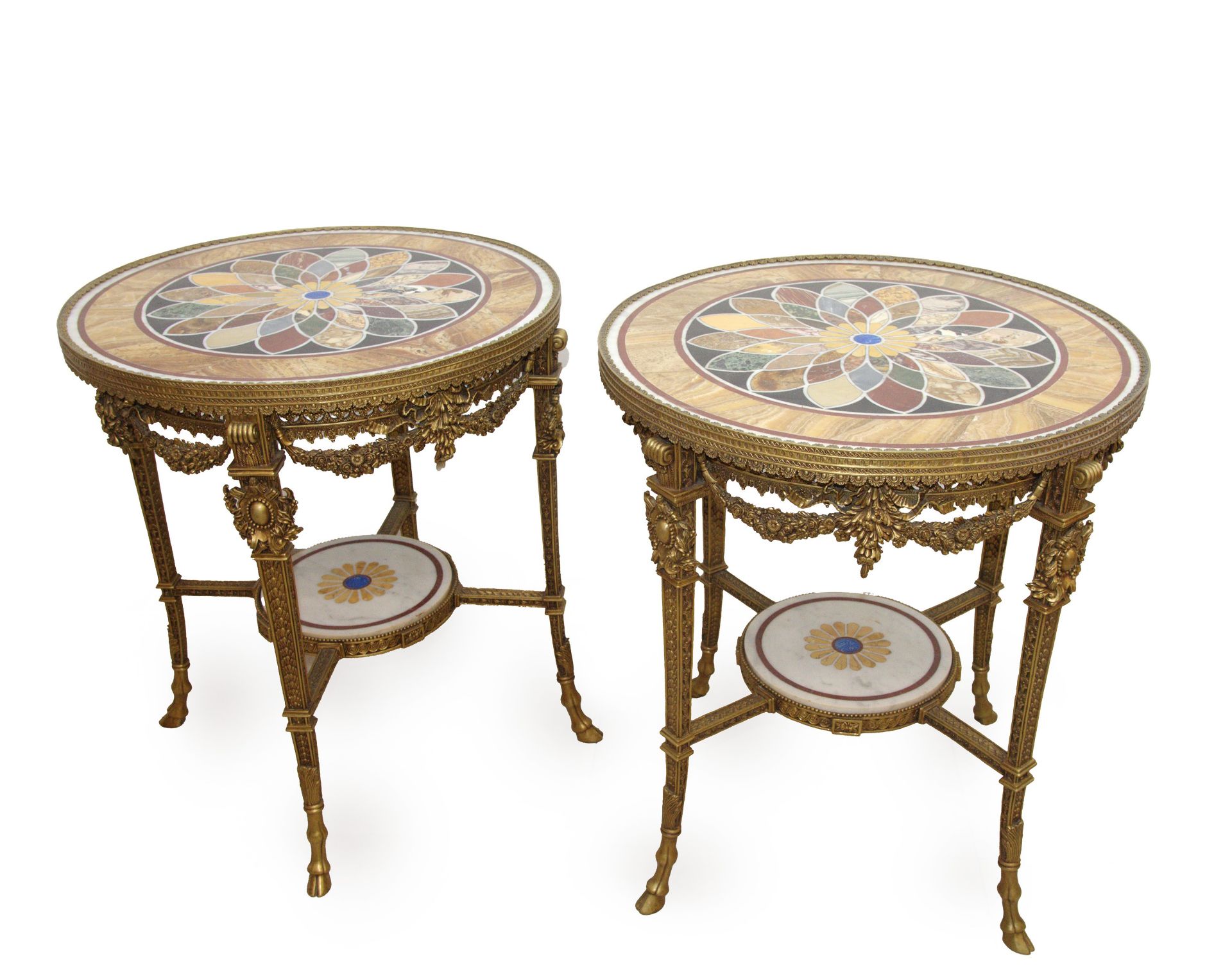 A PAIR OF LARGE BRONZE TABLES WITH MARBLE TOPS, 20th century