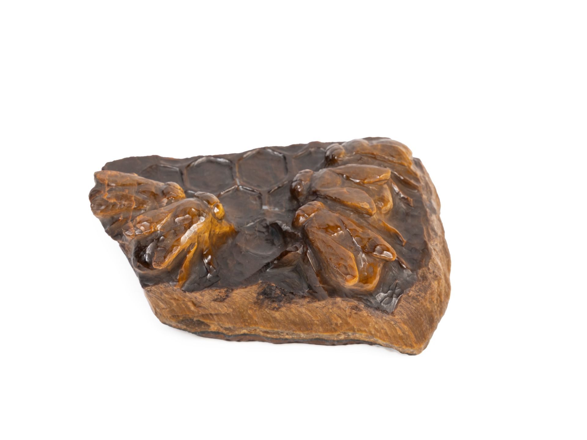 TIGERâ€™S EYE SCULPTURE DEPICTING BEES AND A BEEHIVE, Early 20th century